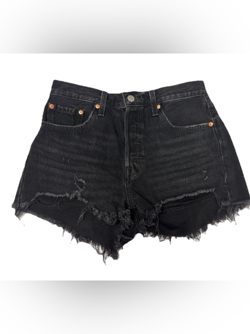 Levi's Black Distressed Denim 501 button fly Cutoff Shorts 28